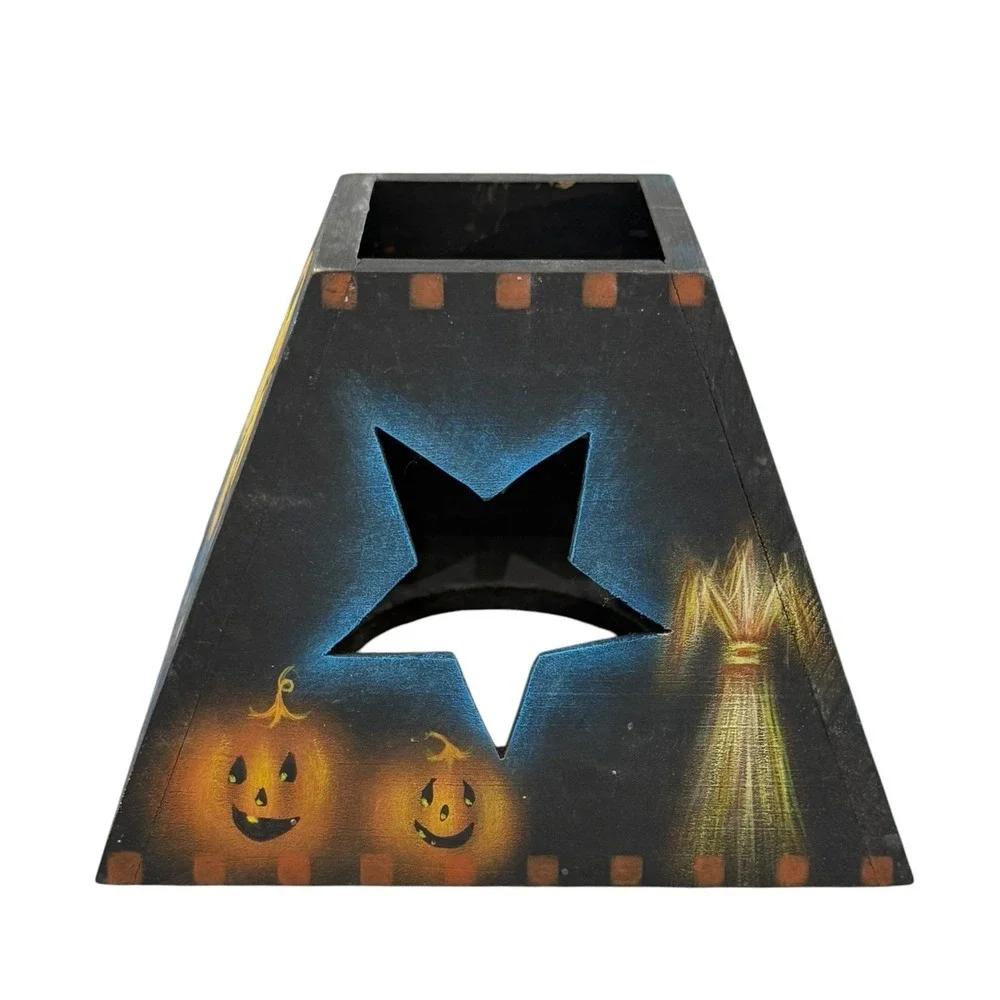 Hand Painted Wooden Halloween Tealight Candle Holder Primitive Jack O Lantern 5